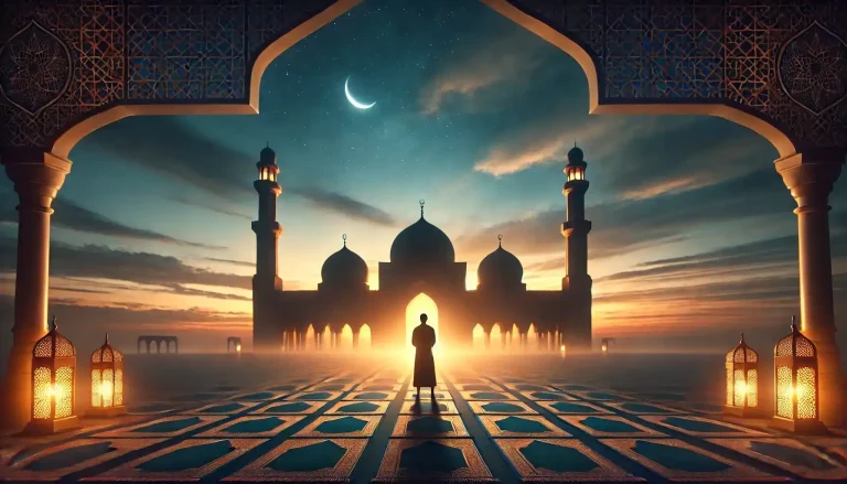 Mosque at dawn with a worshipper standing on a prayer mat, symbolizing the spiritual awakening of Fajr prayer.