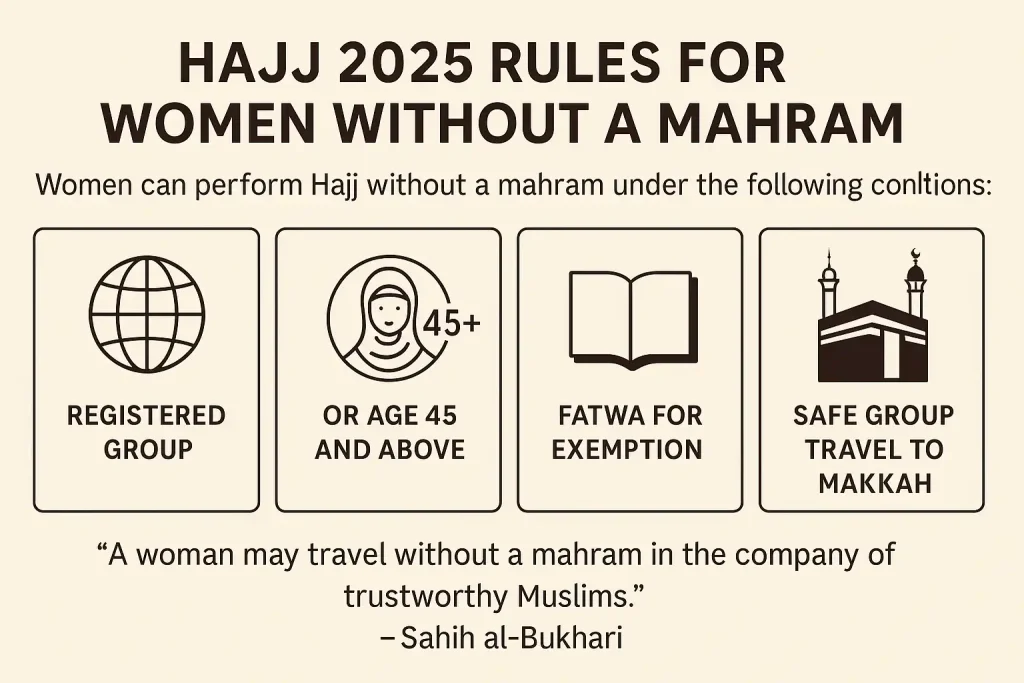 Hajj 2025 infographic showing rules for women performing pilgrimage without a mahram