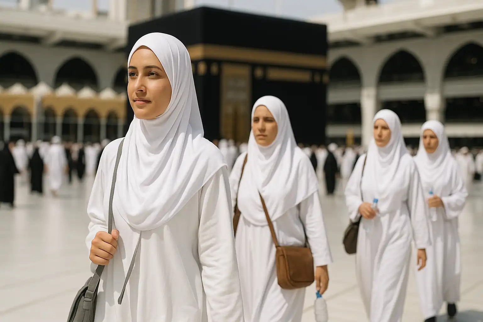 Muslim women walking in group near Kaaba during Hajj 2025, symbolizing mahram exemption travel