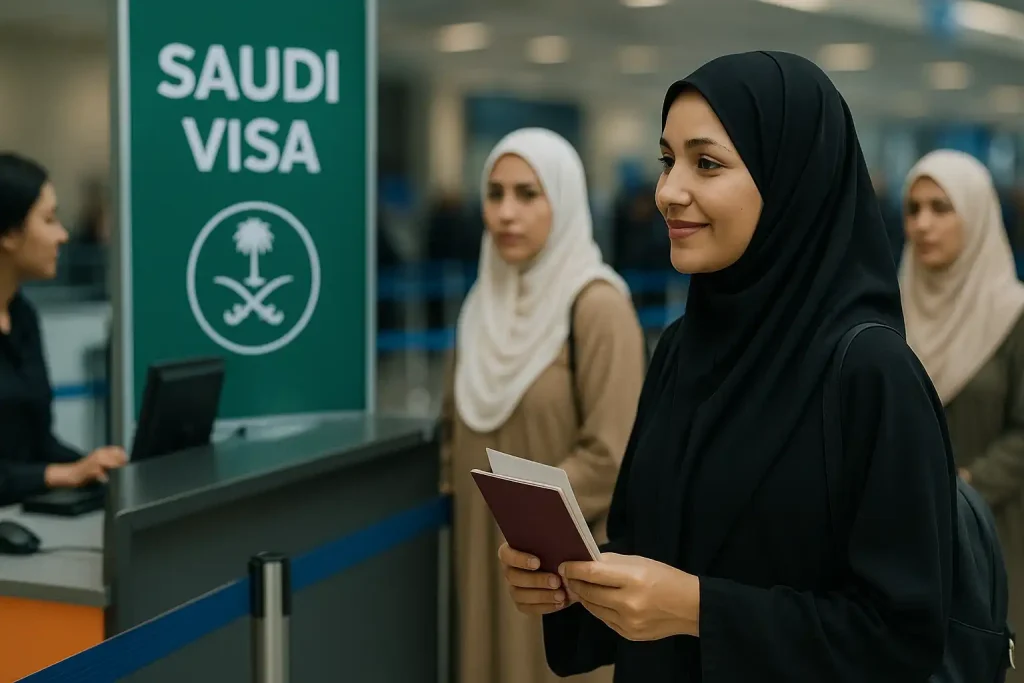 Muslim woman checking in at Saudi airport for Hajj 2025 with travel documents in a female group