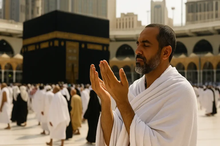 Muslim pilgrim praying at Kaaba during farewell tawaf, making dua for Hajj acceptance 2025