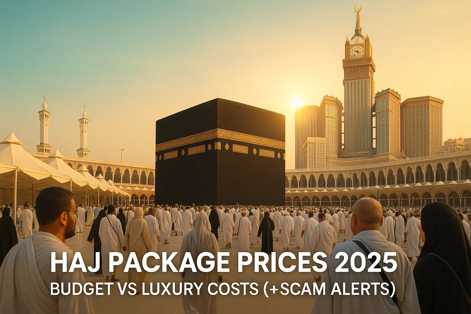 Pilgrims at Kaaba during Hajj 2025 with budget and luxury hotel contrasts