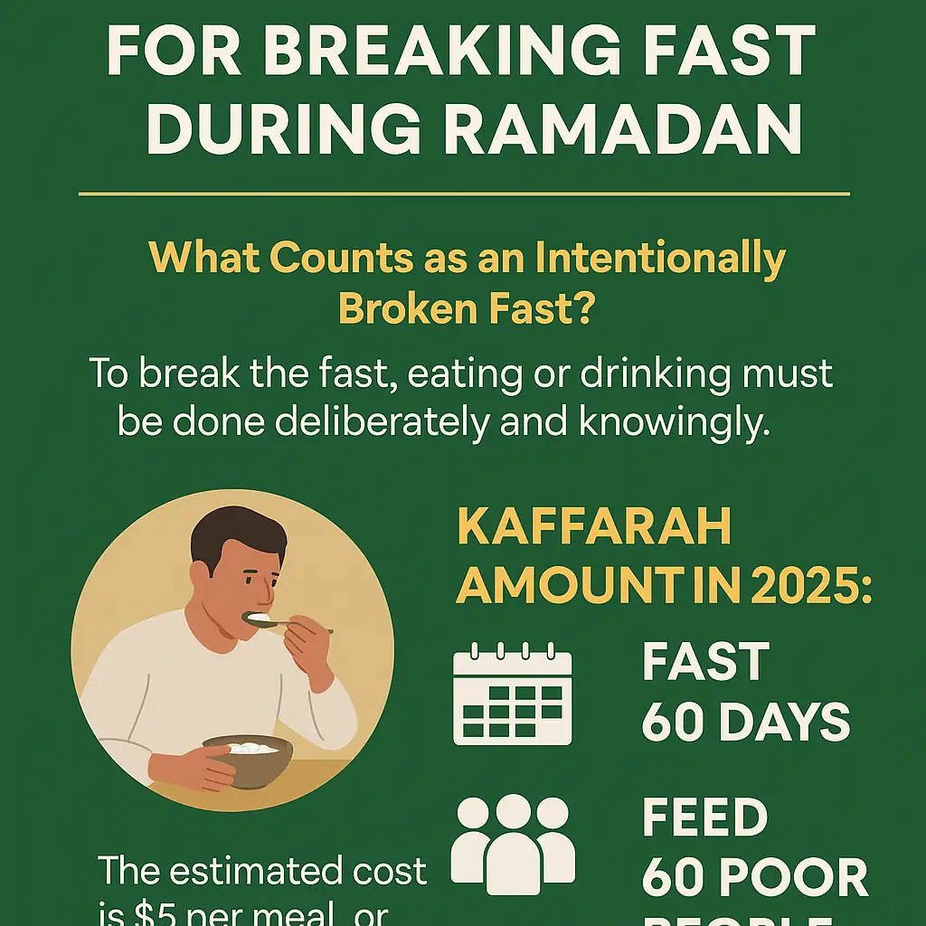 Kaffarah for breaking fast during Ramadan 2025 explained with fasting and feeding poor options in Islam.
