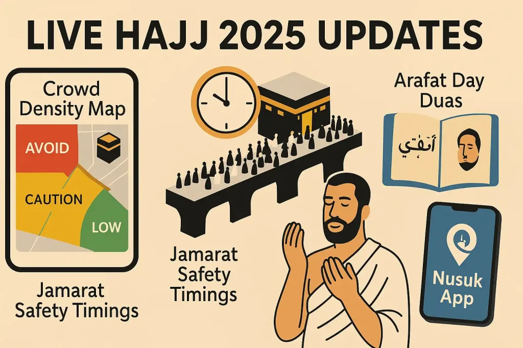 Live Hajj 2025 Infographic Crowd Density Arafat Duas Jamarat Timing Nusuk App