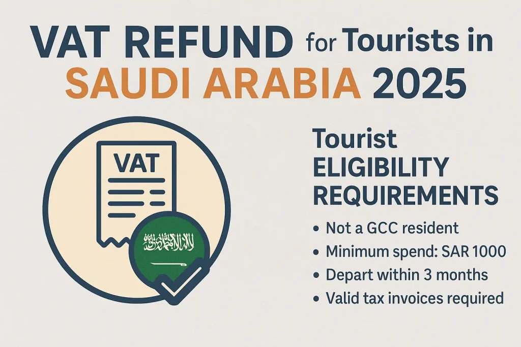 Tourist VAT refund in Saudi Arabia 2025 showing refund eligibility requirements, minimum spend rule, and non-GCC residency condition.