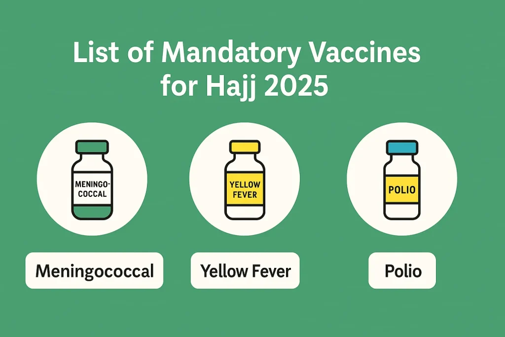 Mandatory Hajj 2025 vaccines icons: Meningococcal, Yellow Fever, and Polio illustrated