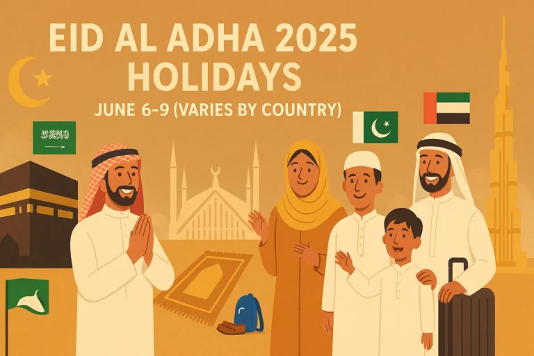 Muslims in Saudi Arabia, UAE, and Pakistan celebrating Eid Al Adha 2025 with confirmed public holidays from June 5 to 9 based on moon sighting