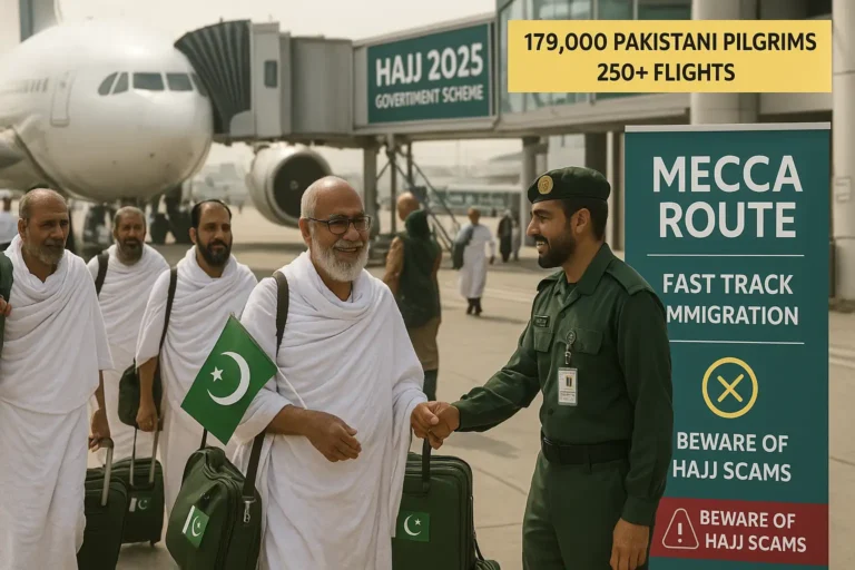 Pakistani pilgrims boarding Hajj 2025 flight under Mecca Route Initiative with warning against fraudulent agents