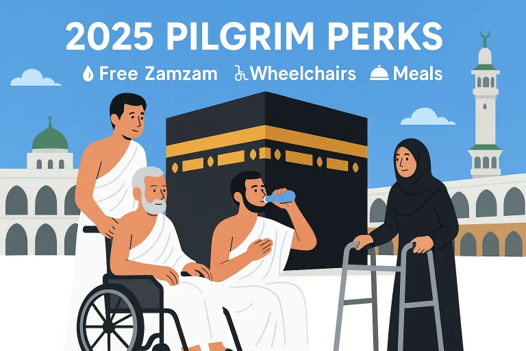 Hajj 2025 pilgrims receiving Zamzam, meals, and wheelchair help near Kaaba in Makkah