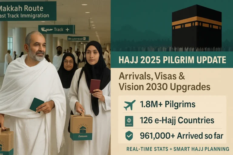 Pilgrims arriving for Hajj 2025 at Saudi airport with Makkah Route signage and Kaaba in background, showing real-time stats and e-visa updates