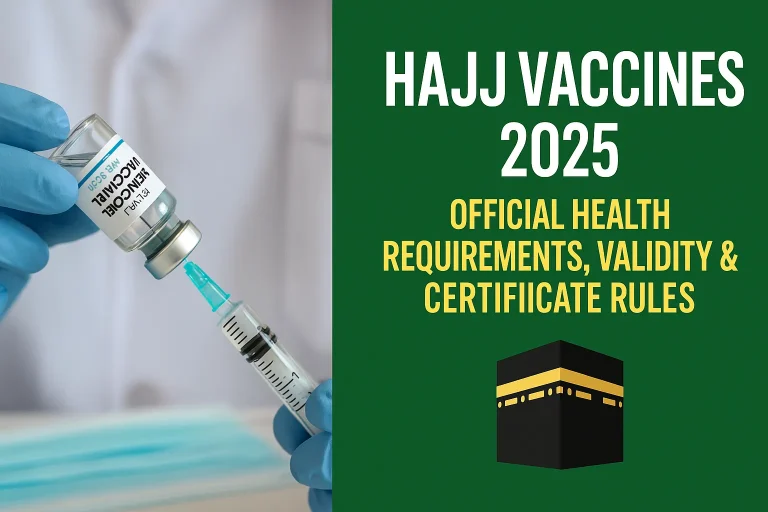 Hajj Vaccines 2025 – Meningococcal Vaccine Requirement and Kaaba Health Rules Graphic