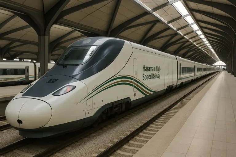Haramain high-speed train carrying pilgrims from Jeddah to Makkah during Hajj 2025 with Vision 2030 support and zero-emission tech