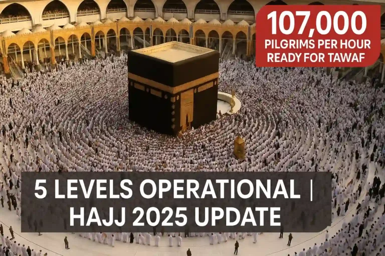 107,000 pilgrims performing Tawaf at Masjid al-Haram during Hajj 2025 across multiple levels of Mataf area