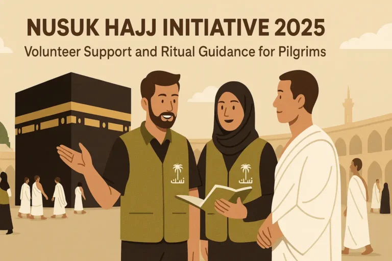Nusuk volunteers guiding pilgrims at Masjid al-Haram during Hajj 2025 with multilingual ritual support and real-time assistance