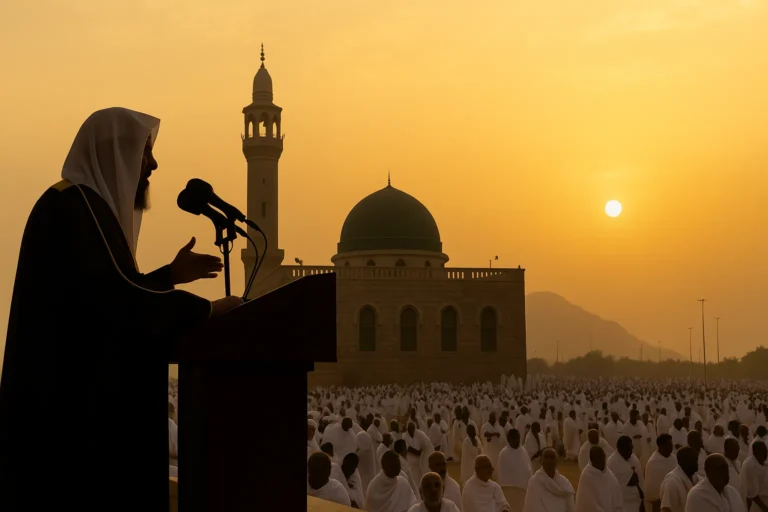 Sheikh Saleh Bin Humaid delivering Arafah sermon at Masjid Al-Namirah with pilgrims in white ihram under golden sky during Hajj 2025
