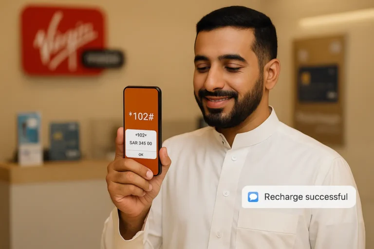 Saudi man checking Virgin balance with *102# code on phone inside mobile store, balance result showing