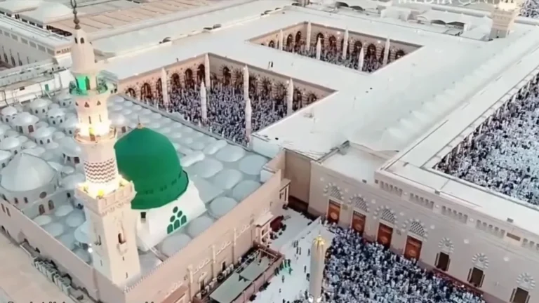 Gates of Masjid al-Nabawi Bab as-Salam entrance with pilgrims walking toward Rawdah in Medina during Ziyarat 2025