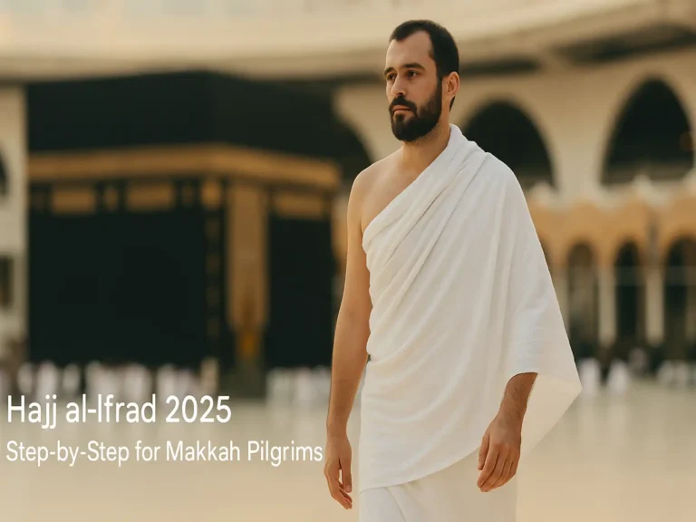 Hajj al-Ifrad pilgrim near Kaaba in Ihram performing rituals in Makkah