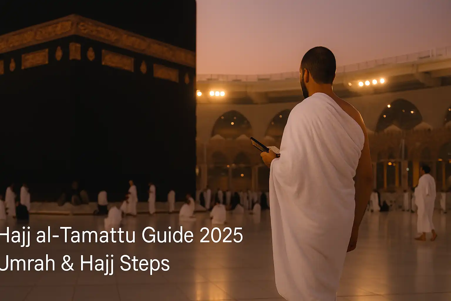 Pilgrim in Ihram near Kaaba during Hajj al-Tamattu rituals