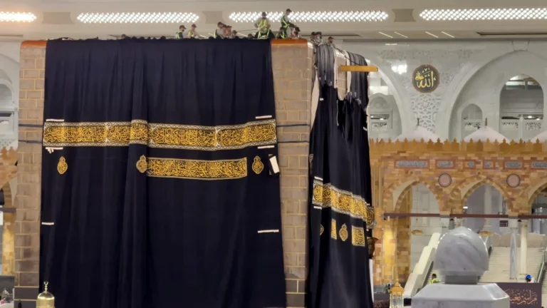 Kaaba Kiswa 1447 AH being changed during sacred Muharram 2025 ceremony in Masjid al-Haram, Makkah