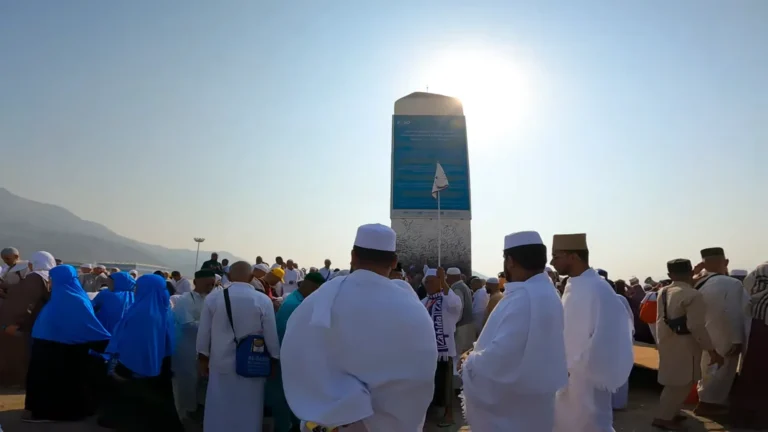 Pilgrims gathered at Mount Arafat during Hajj 2025 under intense sunlight making dua on the Plain of Arafah