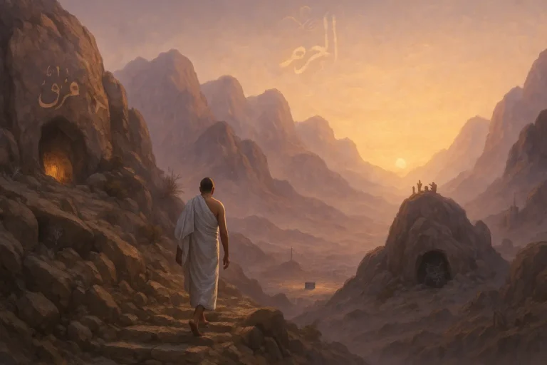 Panoramic view of the sacred mountains in Makkah including Jabal al-Noor and Jabal al-Rahmah, deeply tied to Islamic history and prophetic events.