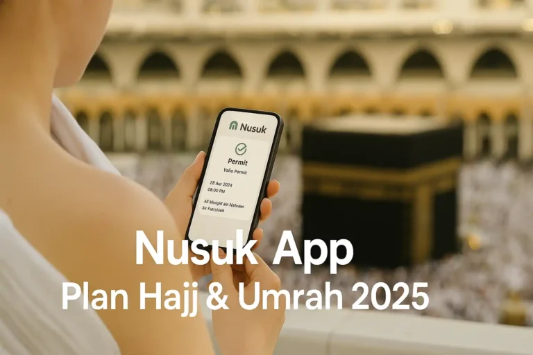 Muslim pilgrim using Nusuk App for Hajj and Umrah 2025 with Kaaba in background