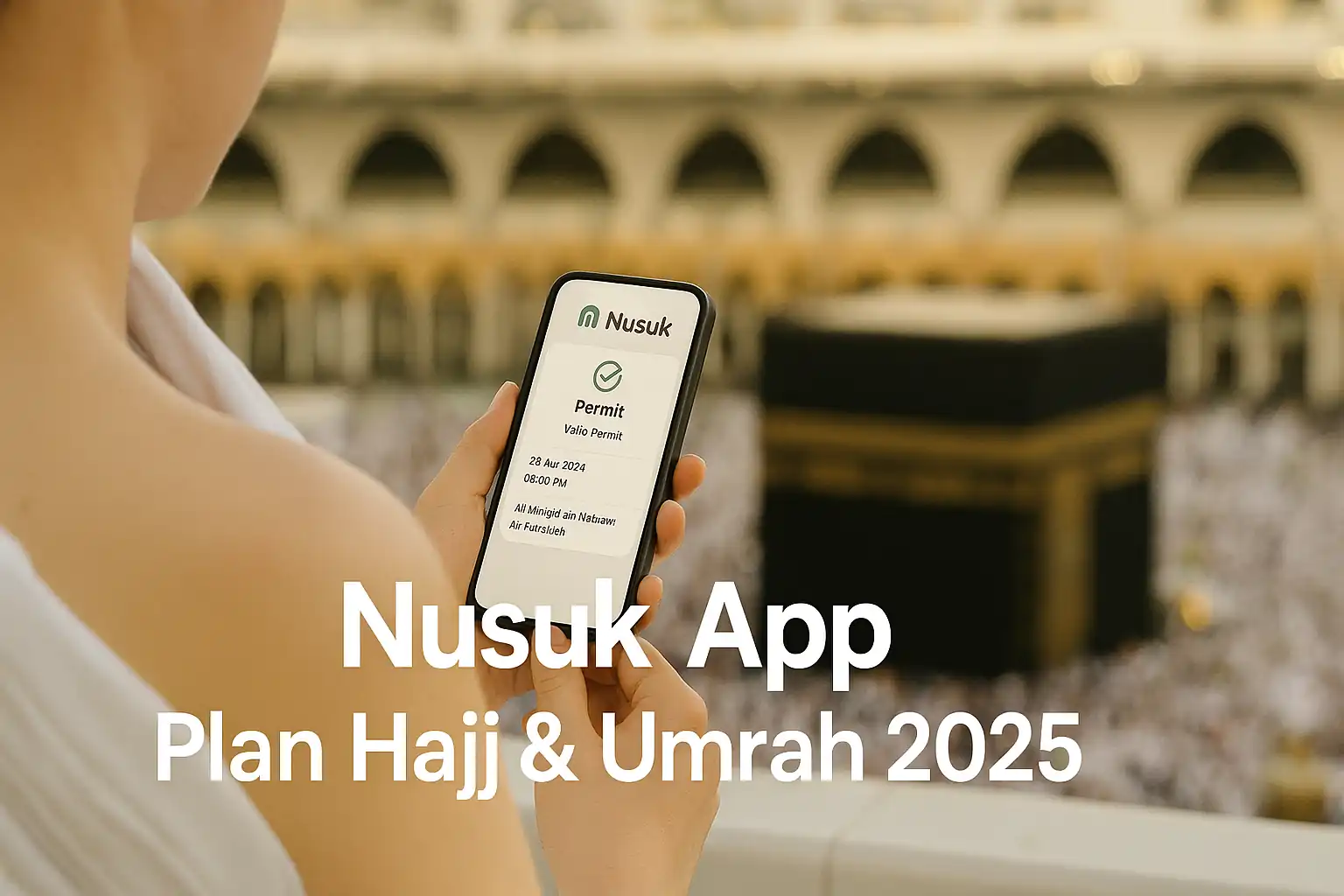 Muslim pilgrim using Nusuk App for Hajj and Umrah 2025 with Kaaba in background