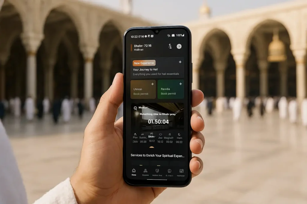 Nusuk App interface showing Umrah and Rawdah permit booking process in Saudi Arabia