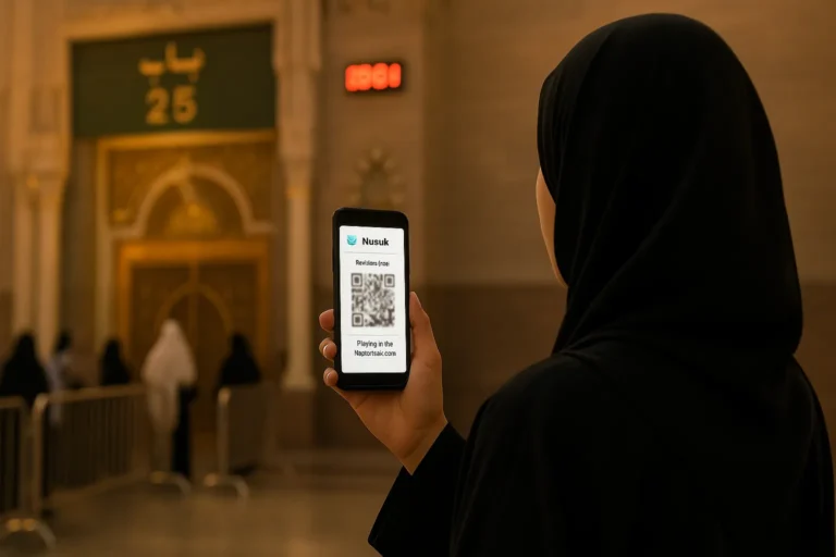 Rawdah Permit Guide: Nusuk Hacks, Errors & Real Experiences 13 Nusuk app Rawdah permit QR code in front of Masjid al-Nabawi gate 38