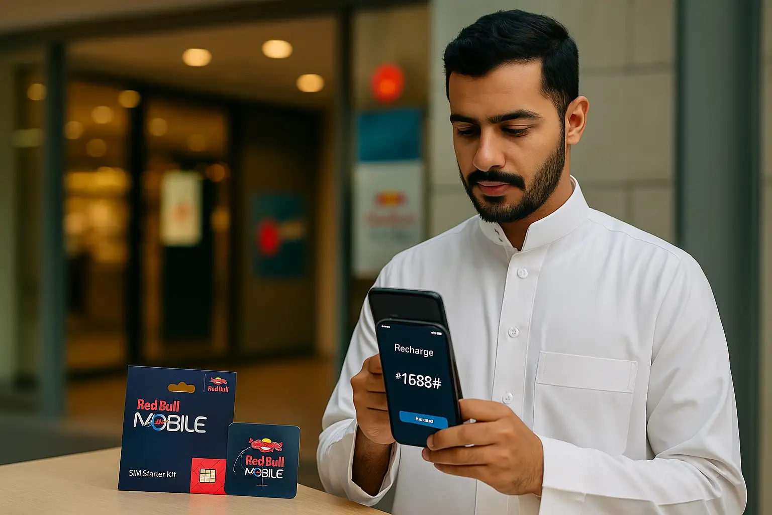 Red Bull SIM Recharge & Activation Guide (2025 Edition) 1 Red Bull Mobile user recharging SIM card in Saudi Arabia using USSD code and app