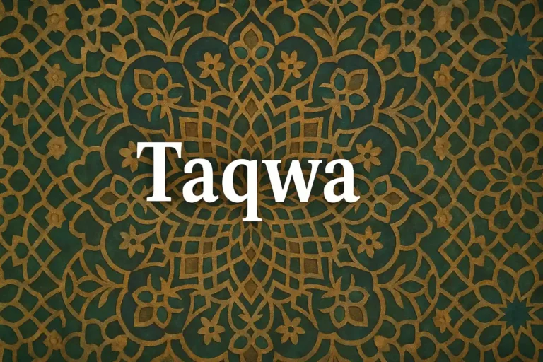Taqwa in Islam written in bold English letters over an Islamic geometric background symbolizing spiritual strength and God-conscious living in 2025