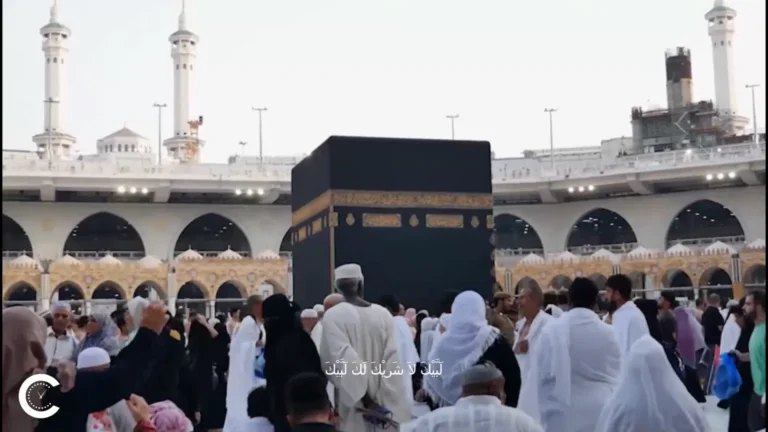 Pilgrim in white Ihram performing Tawaf al-Wida around the Kaaba during Hajj, symbolizing farewell before leaving Makkah