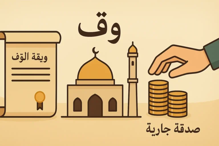 Islamic Waqf visual showing mosque, scroll, coin donation, and sadaqah jariyah concept
