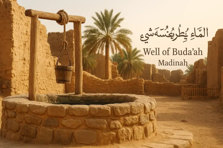 Well of Buda’ah in Madinah – Islamic purification site from hadith, ancient stone well with pure water used for wudu during Prophet Muhammad's time.