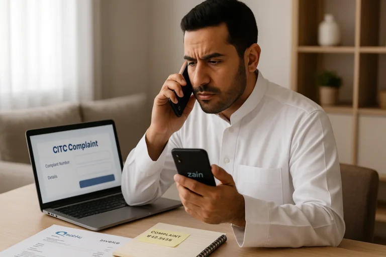 CITC Complaint Saudi Arabia 2025: Fix STC, Mobily & Zain Problems Fast 11 Frustrated Saudi user filing a CITC complaint against STC, Mobily, or Zain using phone and laptop in 2025