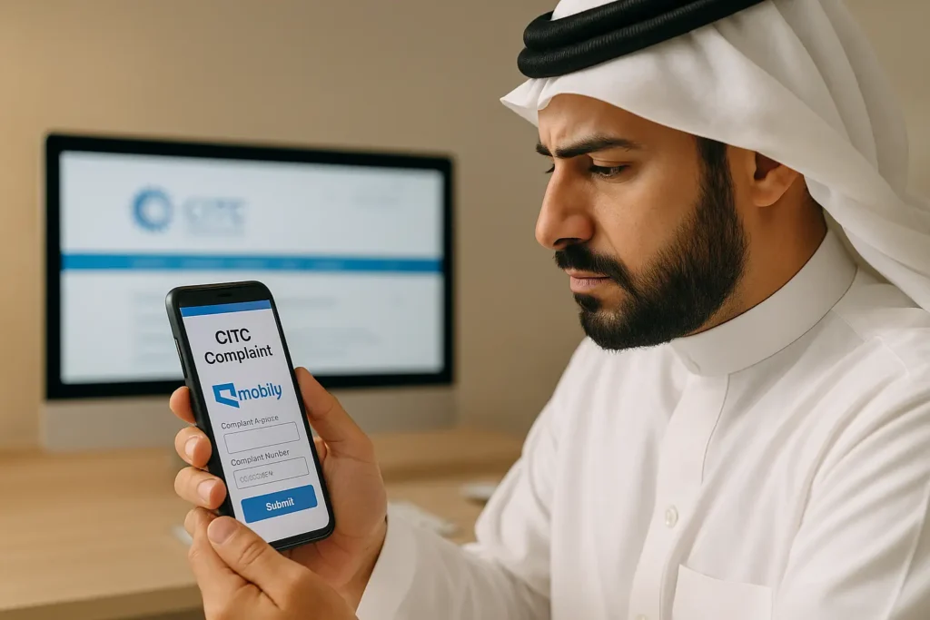 Saudi man filing a CITC complaint against Mobily using smartphone in 2025 with CITC portal open in background