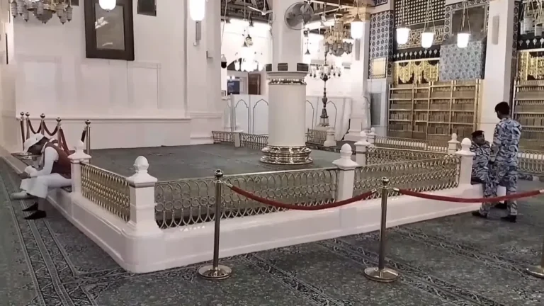 Virtues of Praying in Riyadh ul Jannah: 3 Life-Changing Rewards (2025) 5 Virtues of praying in Riyadh ul Jannah with worshipper near Rawdah pillars under green dome of Masjid al-Nabawi