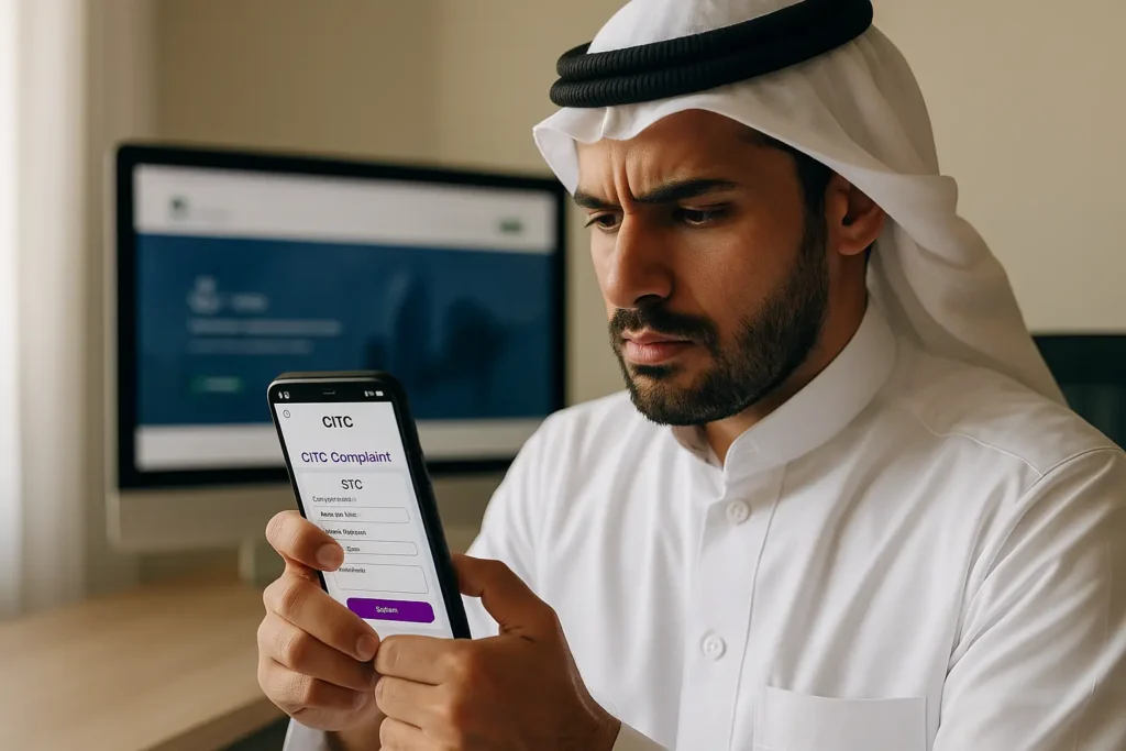 Saudi man filing CITC complaint against STC in 2025 using smartphone with complaint form visible and CITC portal in background
