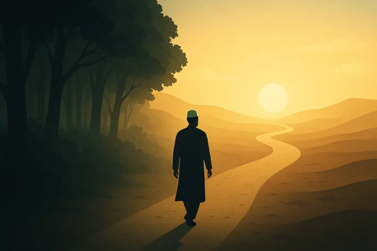Moral Hijrah: How the Prophet’s Migration Inspires Inner Change Today 11 Moral hijrah in Islam showing a Muslim walking toward light symbolizing inner migration, repentance, and spiritual transformation