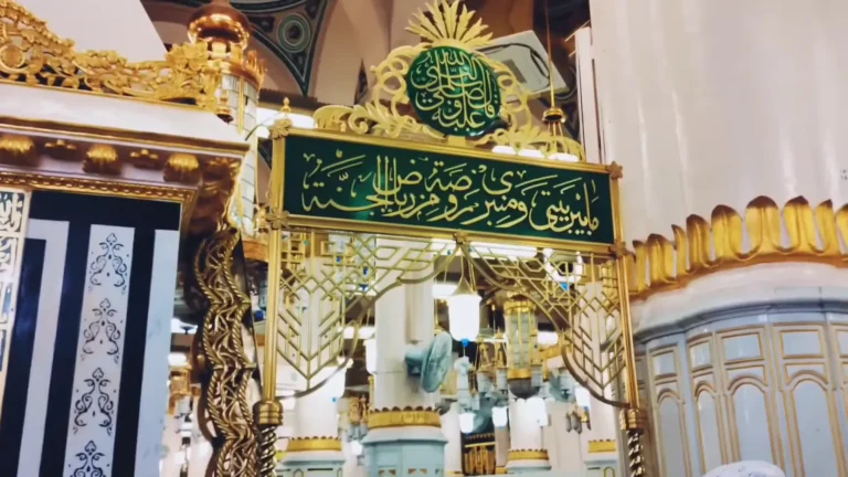 Riyadh ul Jannah – Garden of Paradise in Masjid an-Nabawi (2025 Complete Guide) 9 Pilgrims praying on green carpet inside Riyadh ul Jannah in Masjid an-Nabawi, facing golden gates of Prophet Muhammad’s chamber in Madinah