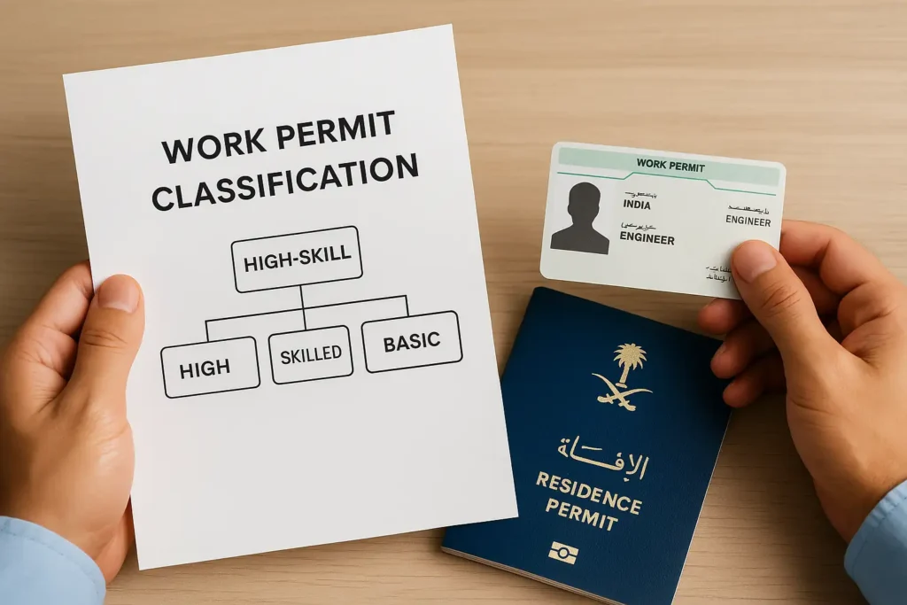 Saudi Arabia work permit classification 2025 – high-skill, skilled, and basic tier documents with Iqama and residence permit