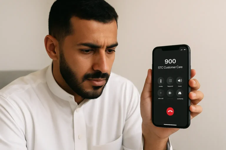 STC customer care in Saudi Arabia 2025 – A man holding a smartphone while contacting STC support, symbolizing helpline access and SIM issue resolution.