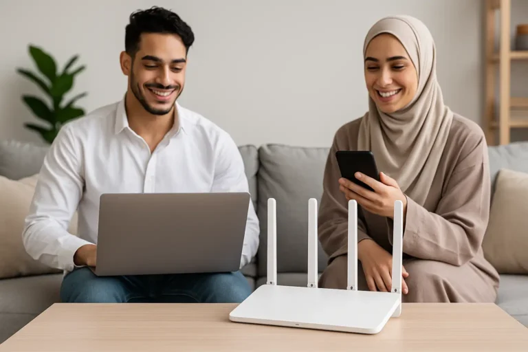 STC Personal Fibre Packages 2025: Flexible Plans for Villas, Expats & Students 14 Two Saudi individuals using STC personal fibre internet in 2025 with free modem and high-speed WiFi in a villa living room setting
