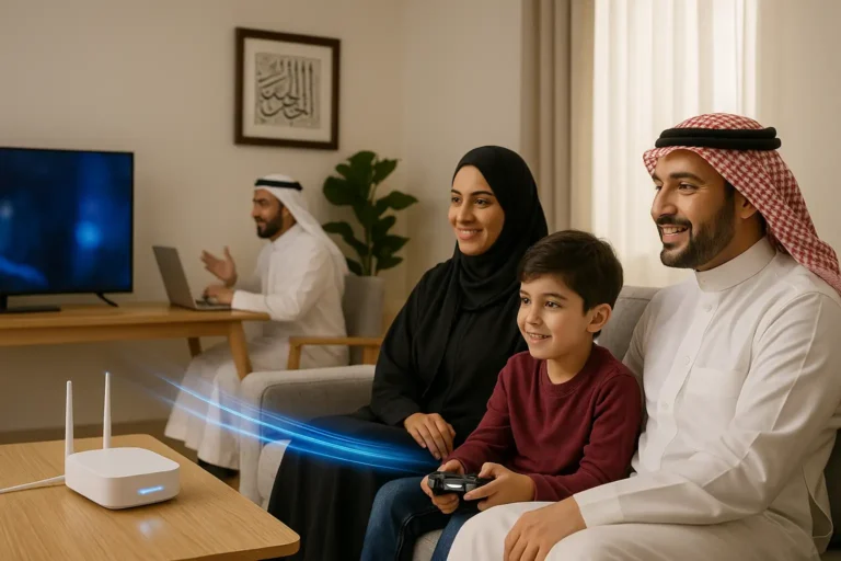 STC Postpaid Fibre Plans 2025: Best Options for Home & Business 8 Saudi family using STC postpaid fibre internet 2025 with free modem, unlimited data, and high-speed 1 Gbps WiFi for home and business use
