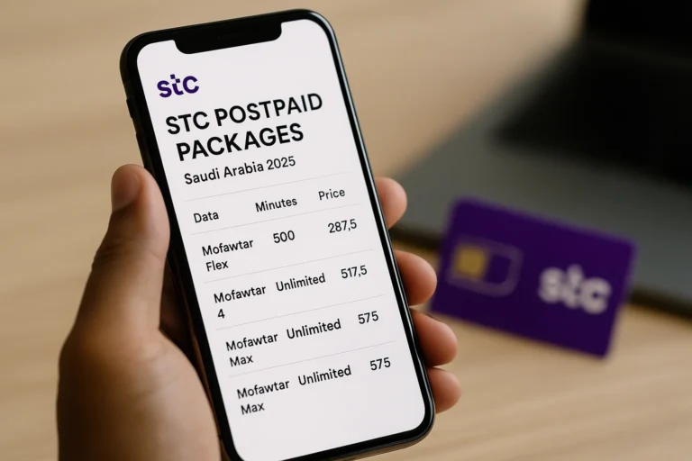 STC postpaid packages Saudi Arabia 2025 featuring Flex, Mofawtar Max, and Mofawtar 4 SIM plans with unlimited data, 5G internet, international roaming, and STC TV access on a modern smartphone.