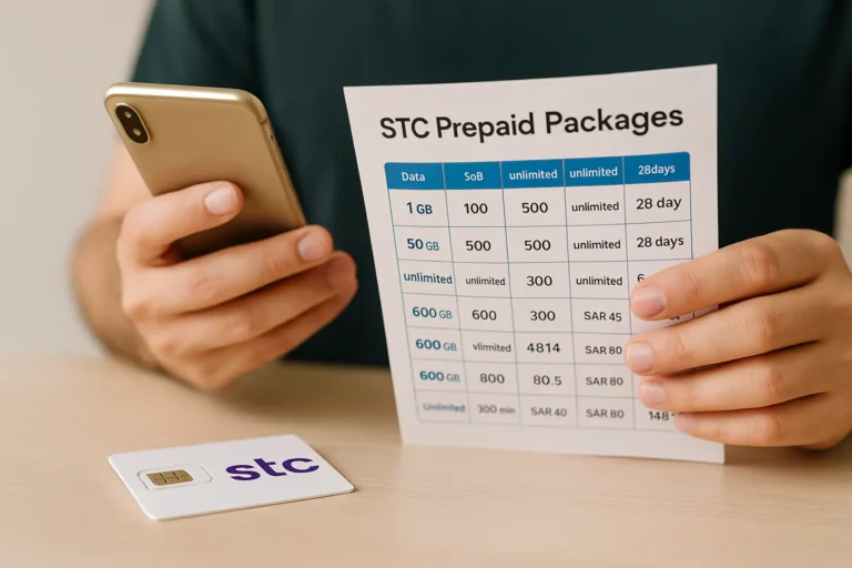 STC prepaid packages Saudi Arabia 2025 – a person selecting mobile data plans on smartphone for calls, internet, and Flex bundles.