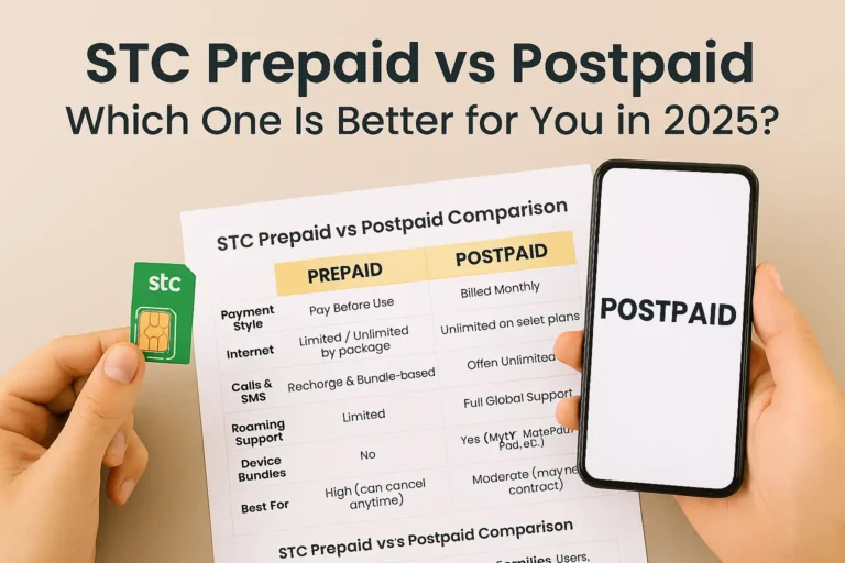STC Prepaid vs Postpaid – Which One Is Better for You in 2025? 16 Comparison image showing STC prepaid vs postpaid features in Saudi Arabia for 2025 including data, calls, and billing style.