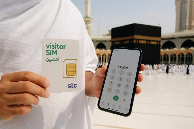 STC SIM for Hajj and Umrah 2026: Best Packages, Prices, and Activation Guide 1 STC SIM for Hajj and Umrah 2025 – A pilgrim using their phone near Masjid al-Haram after activating a visitor SIM in Saudi Arabia.