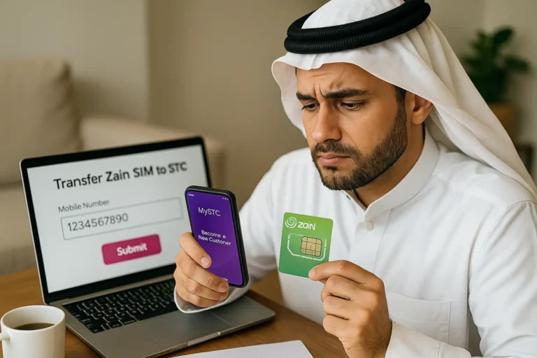 Transfer Zain SIM to STC or Sawa in 2025: Fast & Easy Guide 3 Man in Saudi Arabia switching from Zain to STC using MySTC app with Zain SIM and UPC code — fast number transfer process in 2025